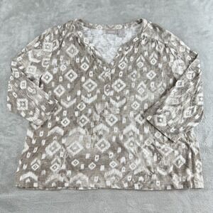 Chicos Top Womens 2 Large brown White Geometric Split V Neck 3/4 Sleeve Workwear